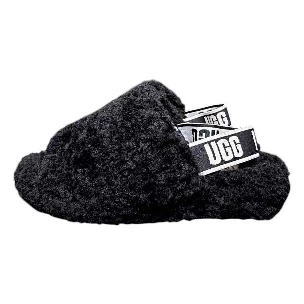 Ugg Fluff Yeah Womens 8 Black Slippers Slides Sandals Fluffy Casual $120 Retail